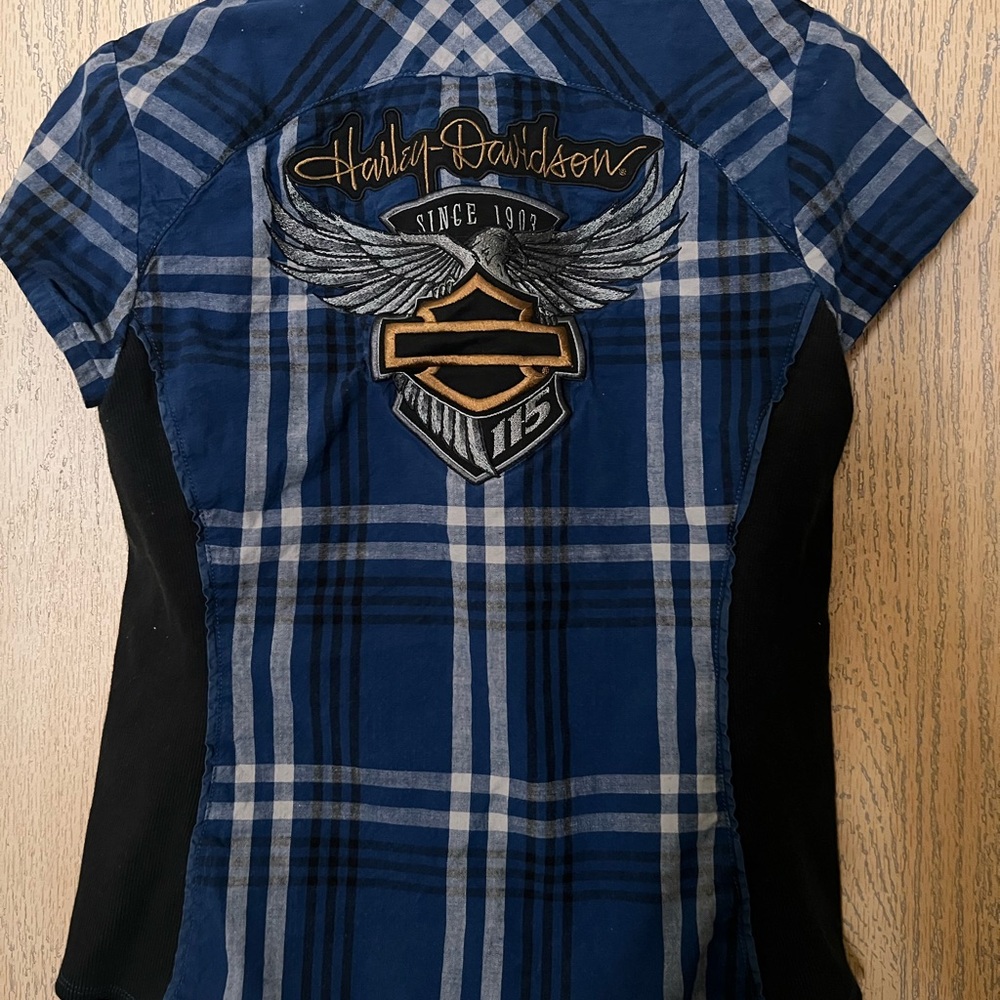 Harley-Davidson Navy and White Checkered Top